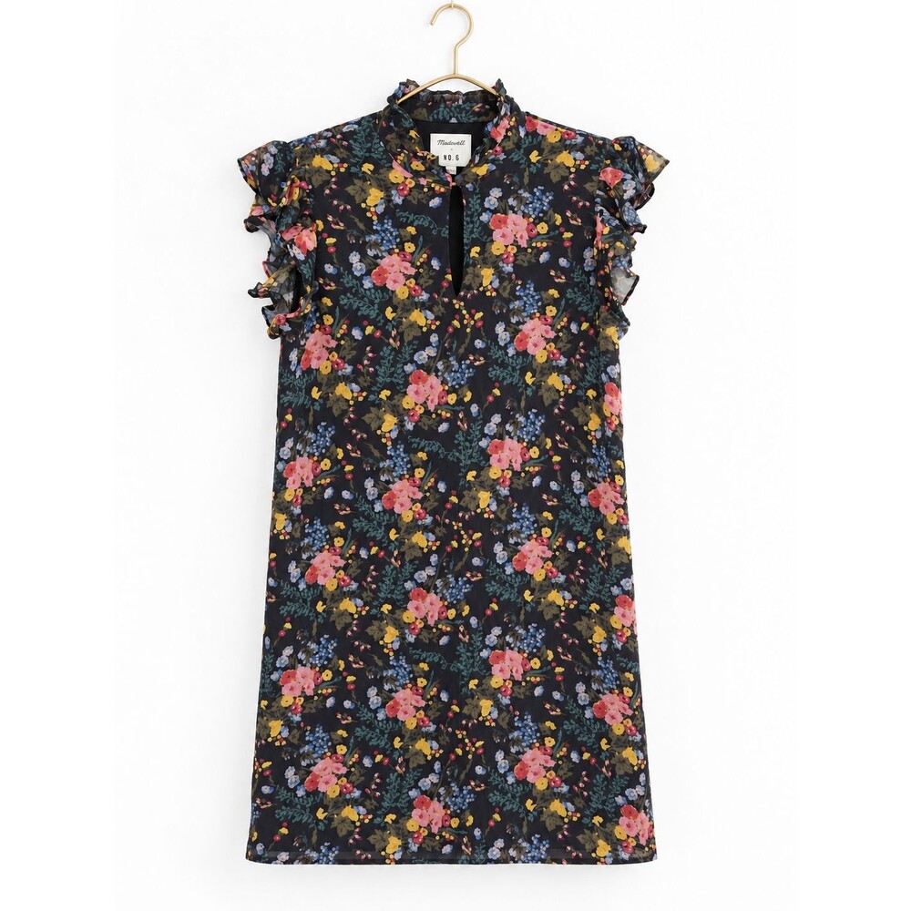 Madewell x No. 6 100% Silk Floral Ruffle Sleeve Shift Dress Charcoal Womens 6